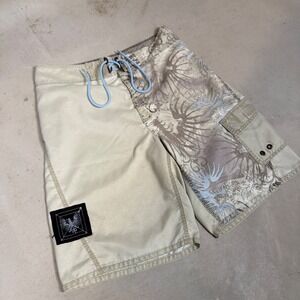 Mossimo Mens Board Shorts Size 32 Tan Blue Graphic Tribal Cargo Swim Trunks